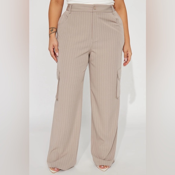 EUC Fashion Nova Nikki Cargo Trouser - Taupe/white pinatripe - Picture 5 of 7